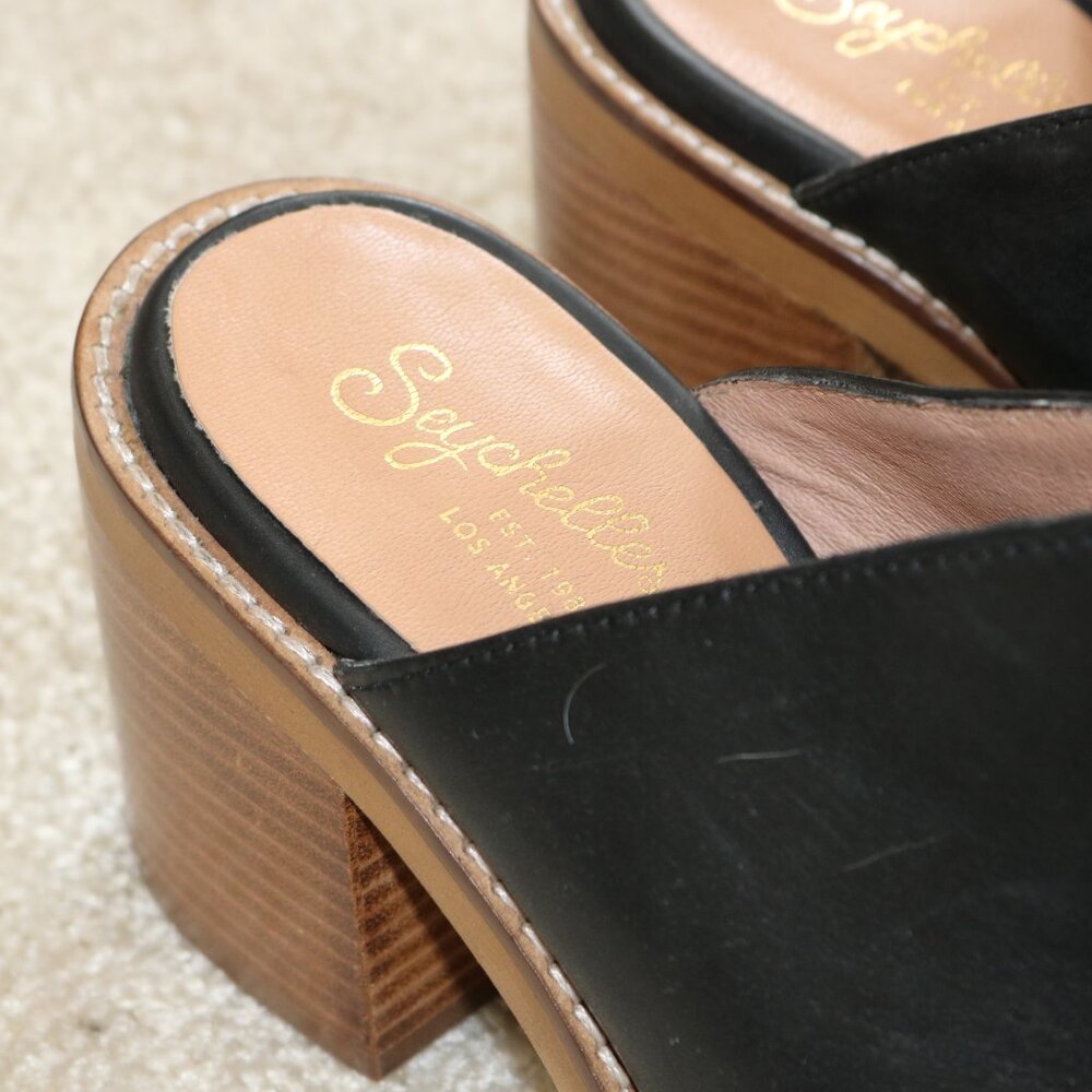Seychelles Black Leather Clog Mules with Brown Wood Heel - Picture 2 of 4